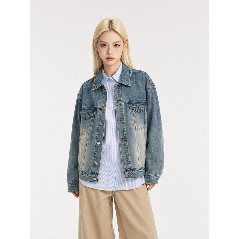 Negp American-Style Trendy Brand Light-Colored Denim Jacket with Yellow Mud Wash, Unisex College Style Retro Couple Baseball Jacket