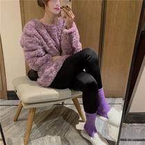 Sweet and cute furry pullover sweatshirt 2024 winter Korean style lamb thickened rabbit fur casual retro top