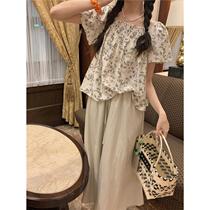 French Square Neck Feifei Sleeve Floral Shirt Suit Womens Summer 2024 New High Waist A-Line Slim Skirt