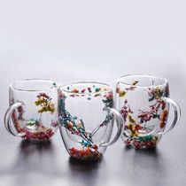 Creative Double Wall Glass Cup Real Flower Conch Flash Fille