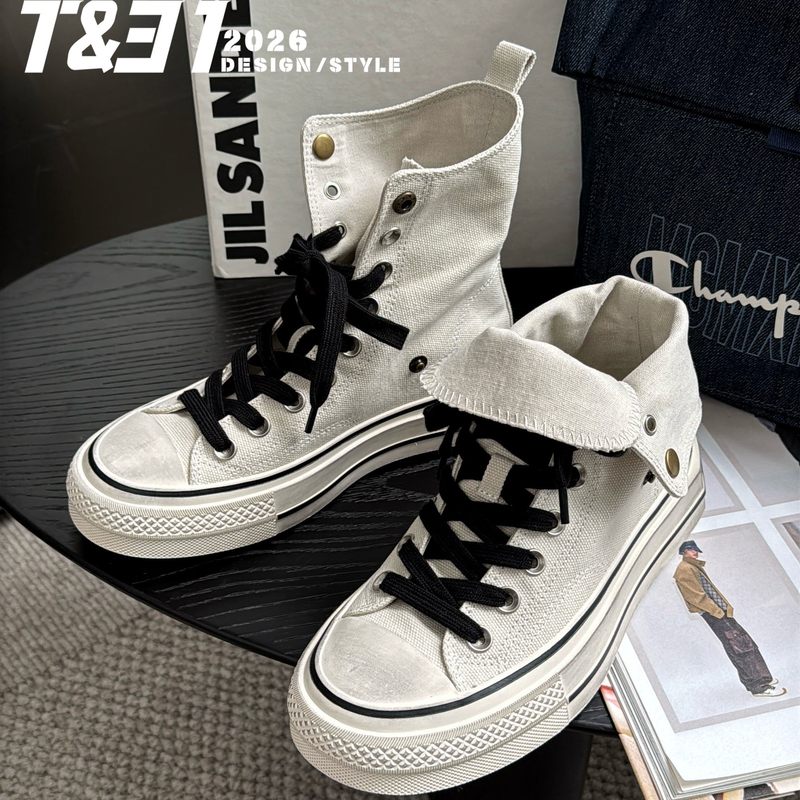 T31 Women's Shoes 2026 Autumn New Retro High-Top Canvas Shoes Women's Lace-Up Thick-Soled Height-Increasing Versatile Casual Sneakers