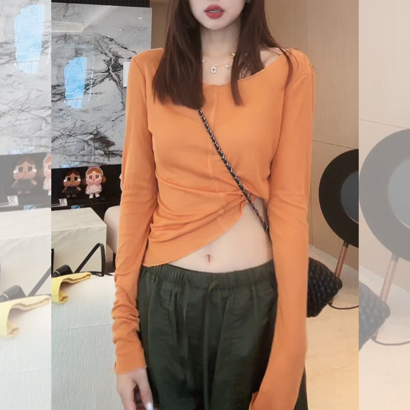 Pumpkin Orange Short Long-Sleeve T-Shirt for Women, Early Autumn 2026 New Style, One-Shoulder Top, Slim-Fit Base Layer Pumpkin Orange Short Long-Sleeve T-Shirt for Women, Early Autumn 2026 New Style, One-Shoulder Top, Slim-Fit Base Layer