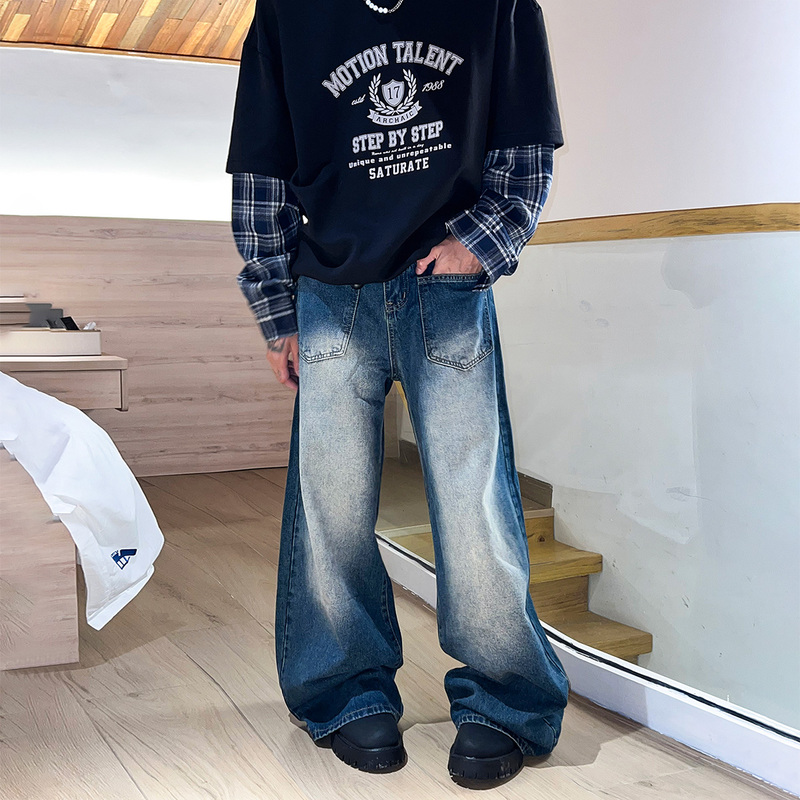 Shakeyu Niche Reverse Pocket Design Jeans for Men, Loose Straight-Leg Floor-Length Wide-Leg Casual Pants