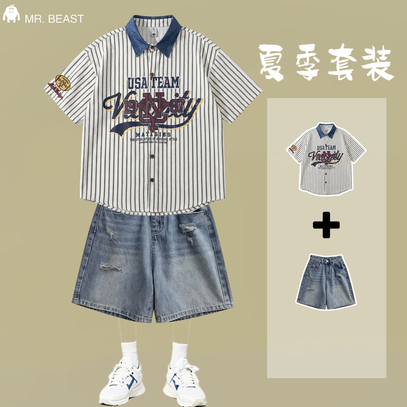 Summer American Retro College Style Printed Vertical Striped Short-Sleeved Shirt for Men and Couples, Denim Shorts Set Summer American Retro College Style Printed Vertical Striped Short-Sleeved Shirt for Men and Couples, Denim Shorts Set
