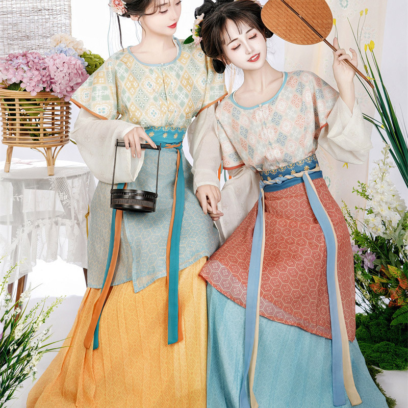Liu Li Tang Qingcheng Pavilion Original Tang-Style Hanfu Printed Tang-Style Shirt with Round Neck for Spring and Summer, Pleated Skirt with Waist-Length Design for Everyday Summer Wear