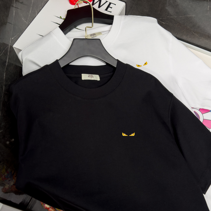 European Summer New Men's Short-Sleeve T-Shirt, Heavyweight Cotton, High-End Trendy Brand, Monster Devil Eye Embroidery, Black T-Shirt