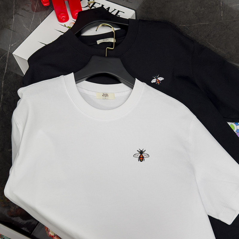 High-Quality Men's Short-Sleeved T-Shirt, Heavyweight Pure Cotton with Small Bee Embroidery, Thick and Breathable for Summer, Loose Half-Sleeve