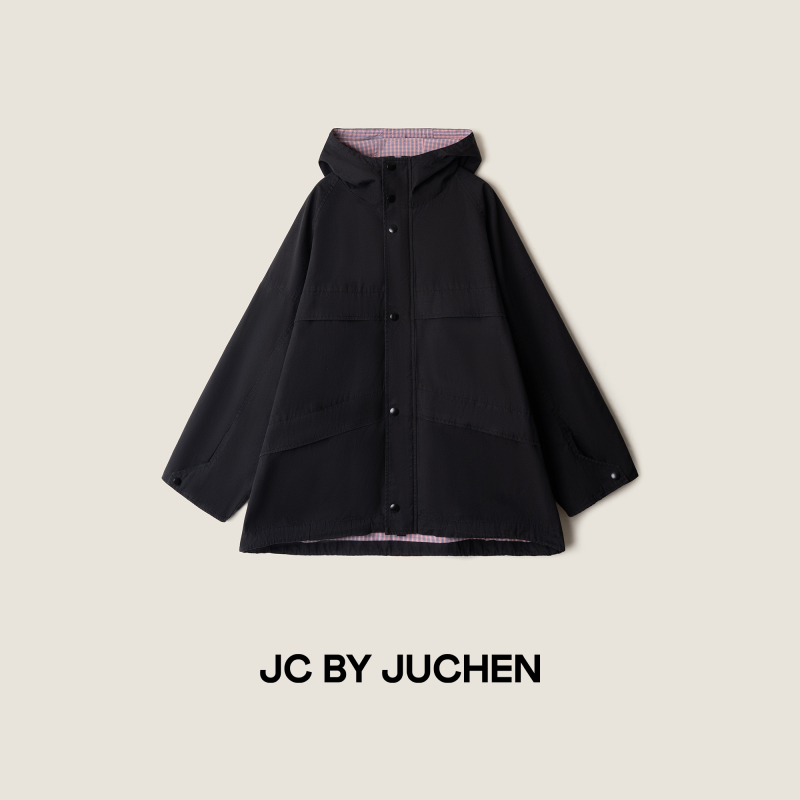 Slightly Sweet Industrial Style Washed Black Patchwork Pink Plaid Hooded Trench Coat Fw102035-194