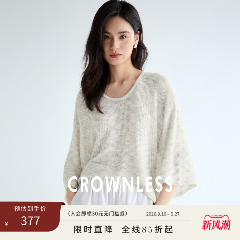 Crownless Unbranded Dark Glitter Cotton-Linen Blend Sequin Yarn 25 Autumn New Rolled Edge Silhouette Round Neck Short-Sleeve T-Shirt for Women