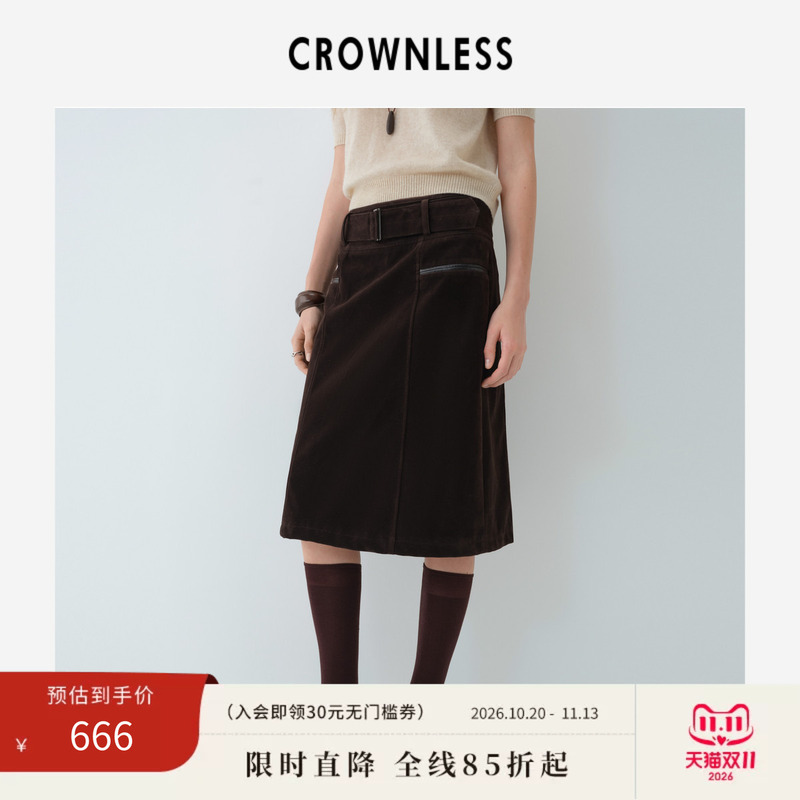Crownless Unlined 26 Spring New Thickened Faux Suede Detachable Wide Belt Vintage Slight A-Line Midi Skirt