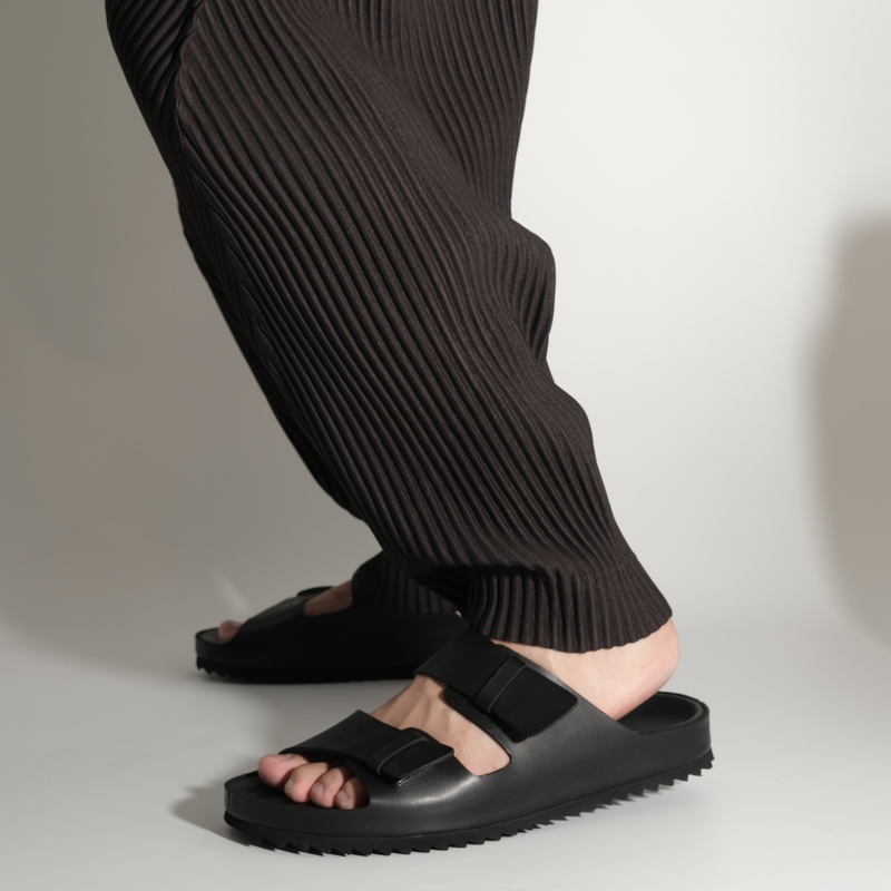 【Eix Gnod】Off Agora Genuine Leather Double Buckle Flat Sandals for Men, Thick-Soled Beach Casual Outdoor Slippers