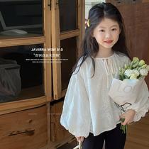 Girls Tencel shirt 2024 spring new style shirt childrens lantern sleeve top casual versatile top