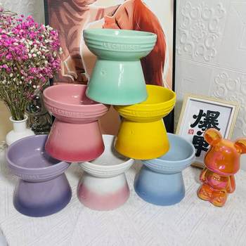 French Cool-Colored Ceramic Pet Bowl for Cats and Dogs, Slow-Eating and Drinking Bowl, Prevents Chin Blackening, Elevated Ceramic Pet Tableware