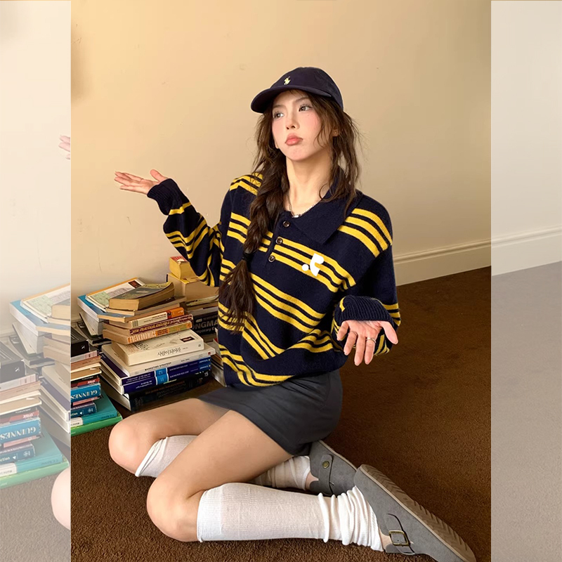 [Buy from Korea] Restrap Korean-Style Color-Blocked Striped Lapel Knit Sweater, Fashionable Casual Long-Sleeve Pullover Sweater