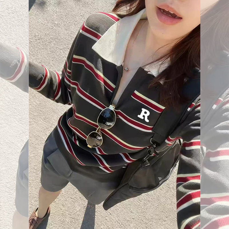 [Buy from Korea] Restrap Korean Style Lazy Chic Polo Shirt, High-End Casual Versatile Striped Long-Sleeve Top