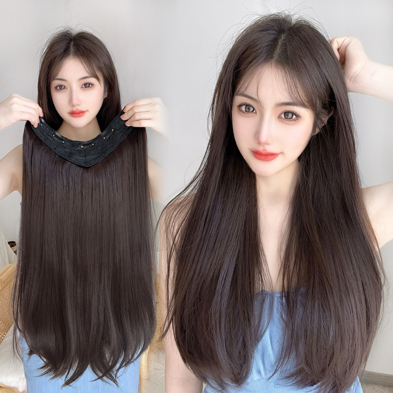 U-Shaped One-Piece Hair Extension for Women, Hair Extension Piece to Increase Hair Volume, Fluffy Magic Tool, Seamless Hair Extension, Black Long Straight Hair