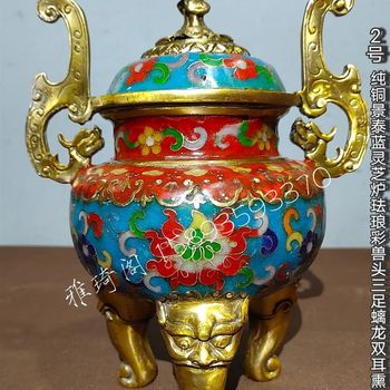 Antique antique pure copper cloisonné cloisonné enamel gilt three-crane tripod foot incense burner ornaments home retro