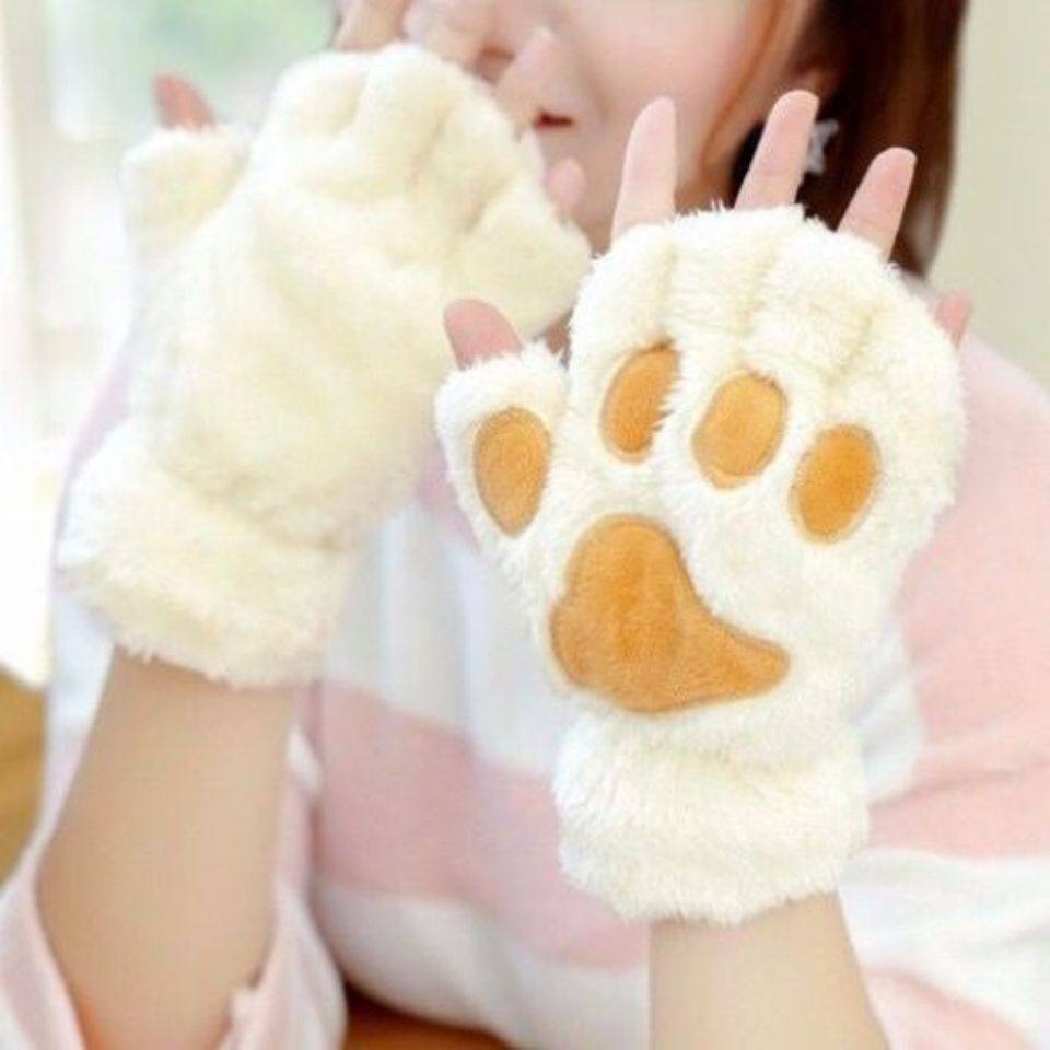 Kitty Gloves Autumn Winter Cat Paw Gloves Anti Cold And Warm Thickening Semi-Cut Cute Cat Half Finger Five Fingers Soft Girl Super Cute-Taobao