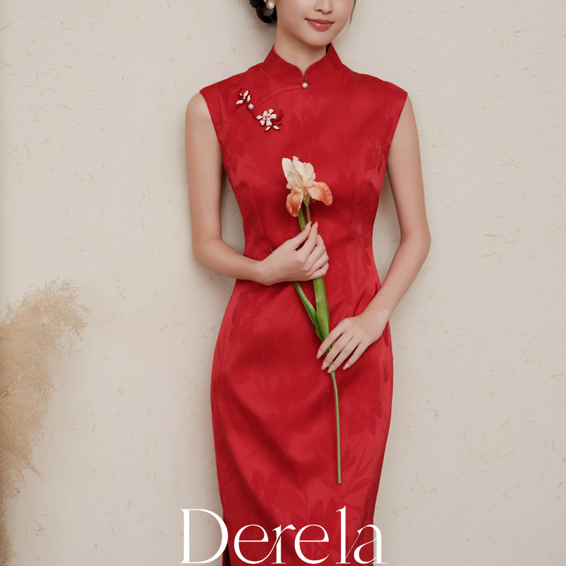 Derela Red Cheongsam Dress, New Chinese Style Jacquard Bridal Engagement Toast Dress