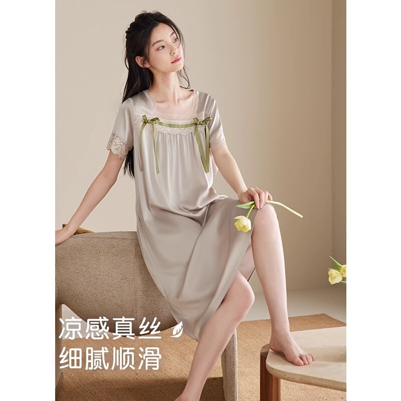 [Gift Box] Mulberry Silk Nightgown for Women, Summer Silk Short-Sleeved Long Dress, New Style, Can Be Worn Outside, Loungewear