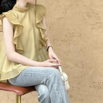 Summer super fairy retro Xiaofeifei sleeve top womens unique design high-end ruffle strap sleeveless shirt