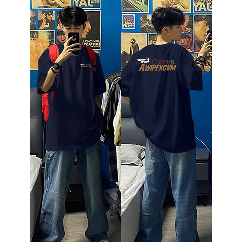 Темно-синяя футболка American high street heavy для мальчиков, летний молодежный уличный трендовый топ оверсайз с короткими рукавами