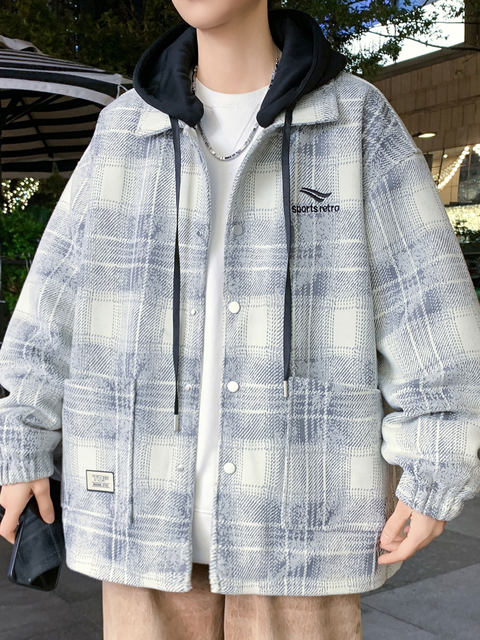 Fake Two-Piece Jacket for Men, Autumn and Winter, Fleece-Lined, Thickened Woolen Jacket, Youth Design, Trendy Brand, Hooded Parka