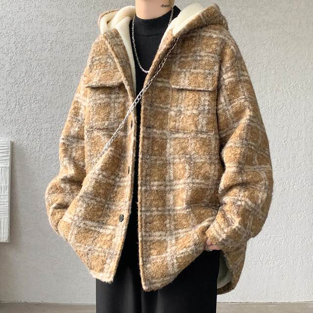 Lamb woolen coat men's autumn and winter velvet thickened hooded cotton coat men's small style cold-proof cotton coat