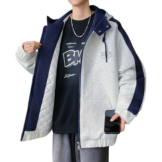 Cotton-Padded Hooded Baseball Jacket for Men, Autumn and Winter Thickened Warm Jacket, Casual Cardigan Sweatshirt for Boys and Teenagers