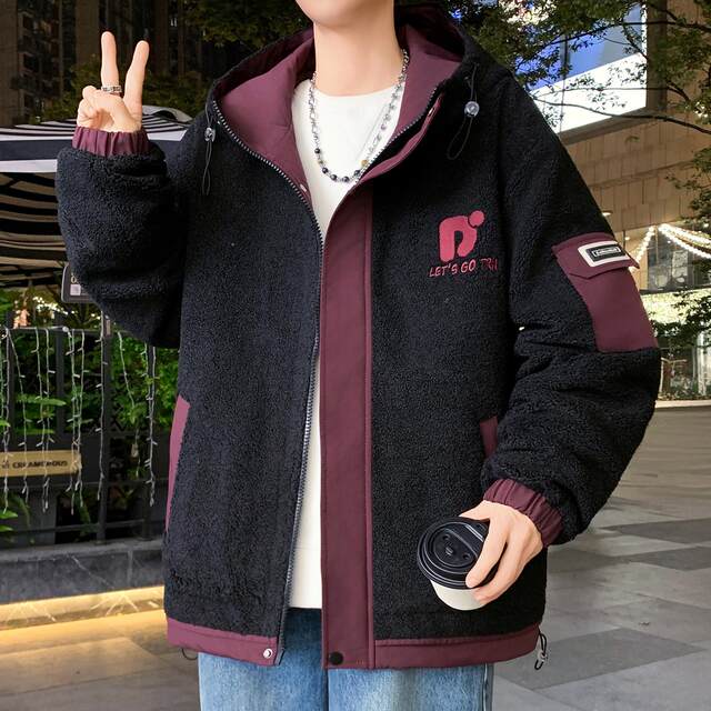 Lamb Wool Jacket Men's Winter Workwear Style Cotton-Padded Warm Hooded Jacket Men's Outdoor Cold-Proof Youth Cotton Jacket