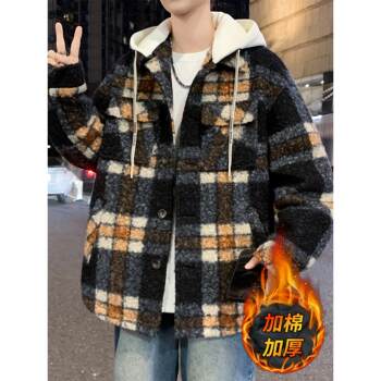 Cotton-Padded Thickened Jacket for Men, Autumn and Winter Woolen Coat, Trendy Plaid Winter Clothing, Short Fleece Woolen Coat