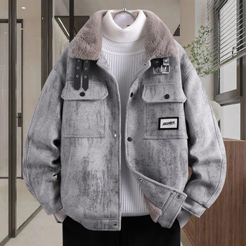 Fleece-Lined Thickened Men's Winter Jacket, Trendy Brand, Turn-Down Collar, Workwear, Cold-Proof, High-End Feel, Loose Fit, Fur Collar Parka