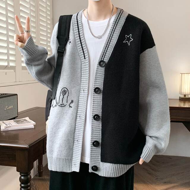V-Neck Cardigan Sweater for Men 2025 New Color-Blocked Knit Jacket for Men Autumn and Winter Stylish Sweater Coat for Men
