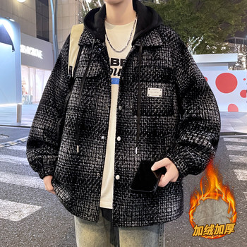 Trendy Brand Plaid Jacket for Men, Autumn and Winter, Fleece-Lined, Thickened, Windproof, Detachable Hood, Warm Cotton Coat