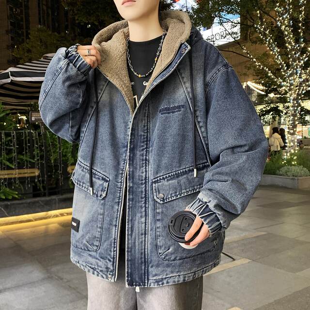 Plush denim jacket men's autumn and winter hooded jacket men's winter cotton coat thickened warm lambswool cold-proof cotton-padded jacket