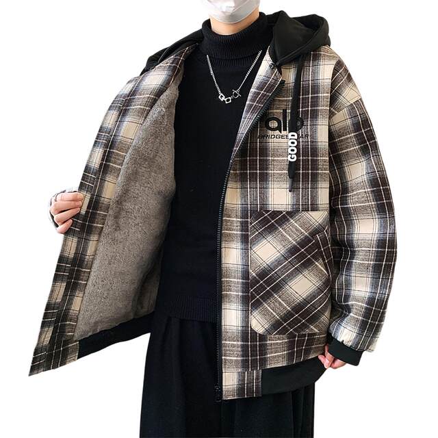 Detachable Hooded Jacket for Men, Autumn and Winter, New Style, Thickened with Fleece, Plaid Jacket, Loose Fit, Windproof Cotton Coat