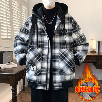 Men's Fleece-Lined Thick Jacket, Youth Student Cotton Coat, Warm Plaid Cold-Proof Clothing, Loose and Stylish