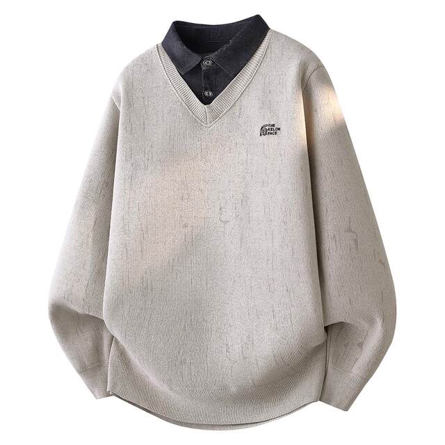 Men's Shirt Collar Knit Sweater for Autumn and Winter, Fleece-Lined and Thickened, Mixed Color, Loose Casual Style, Faux Two-Piece Sweater Top