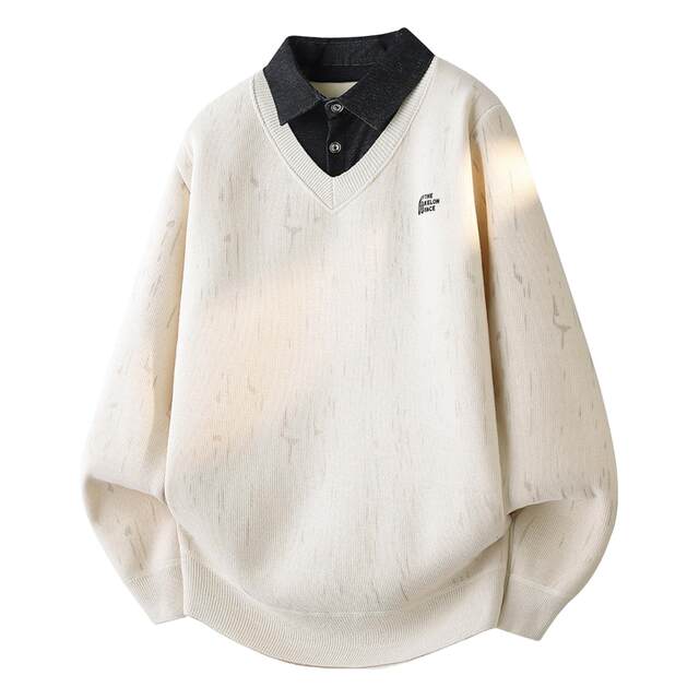 Men's Shirt Collar Knit Sweater for Autumn and Winter, Fleece-Lined and Thickened, Mixed Color, Loose Casual Style, Faux Two-Piece Sweater Top