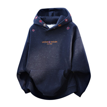 American-Style Tie-Dye Sweatshirt for Men, Autumn and Winter Heavy Fleece Hooded Pullover with Design Embroidery, Couple's Style Top