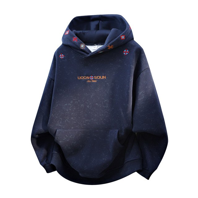 American-Style Tie-Dye Sweatshirt for Men, Autumn and Winter Heavy Fleece Hooded Pullover with Design Embroidery, Couple's Style Top