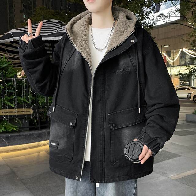 Plush denim jacket men's autumn and winter hooded jacket men's winter cotton coat thickened warm lambswool cold-proof cotton-padded jacket