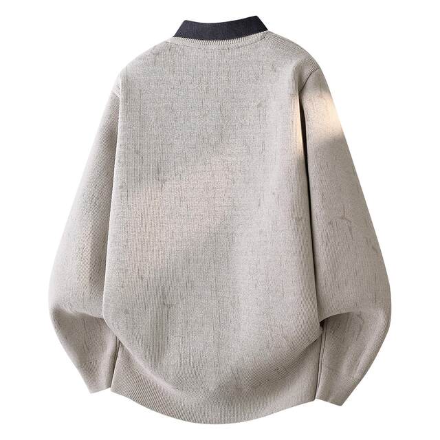 Men's Shirt Collar Knit Sweater for Autumn and Winter, Fleece-Lined and Thickened, Mixed Color, Loose Casual Style, Faux Two-Piece Sweater Top