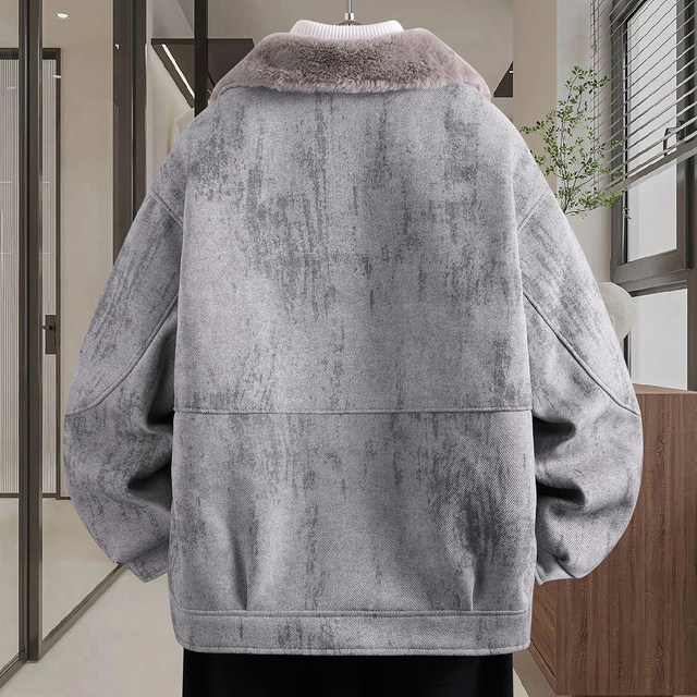 Fleece-Lined Thickened Men's Winter Jacket, Trendy Brand, Turn-Down Collar, Workwear, Cold-Proof, High-End Feel, Loose Fit, Fur Collar Parka