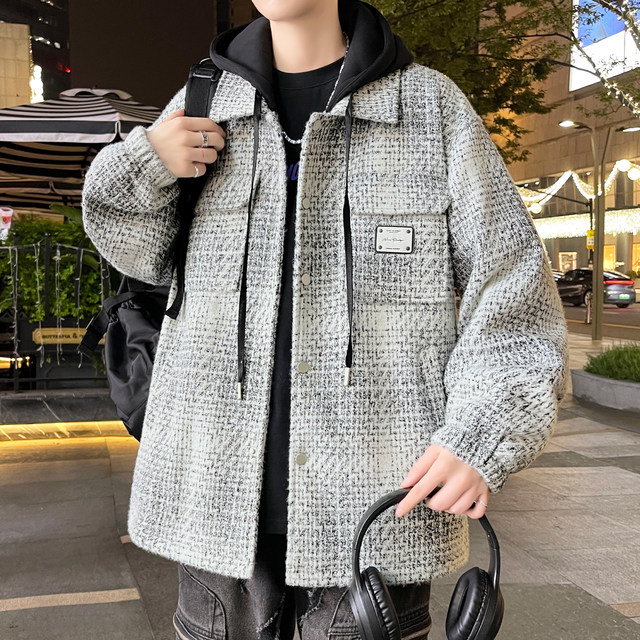 Trendy brand plaid jacket for men in autumn and winter plus velvet and thickened windproof jacket for men in winter removable hooded warm cotton jacket