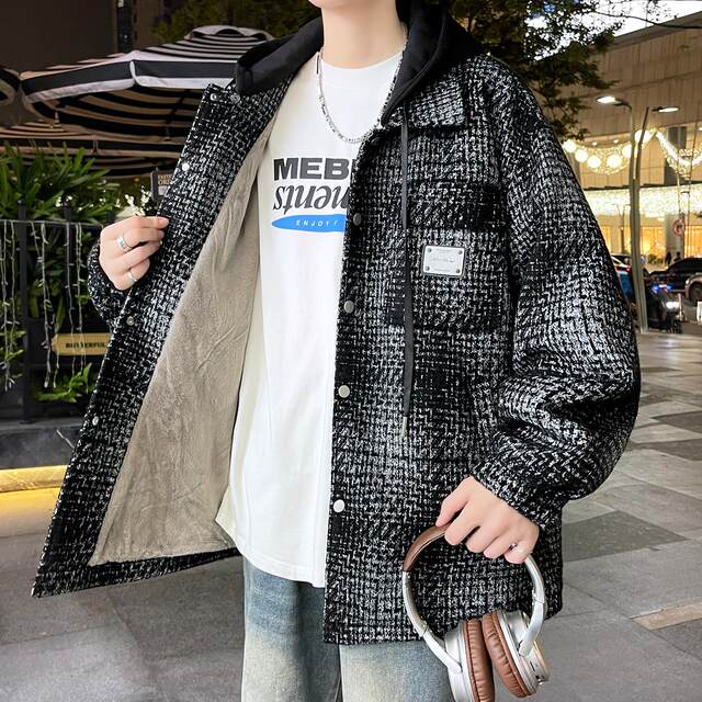 Trendy brand plaid jacket for men in autumn and winter plus velvet and thickened windproof jacket for men in winter removable hooded warm cotton jacket