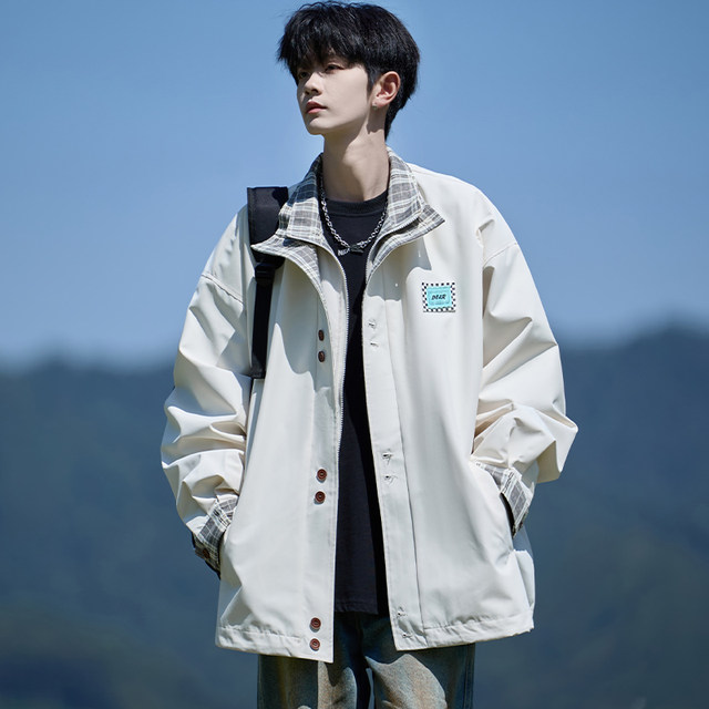 Plaid splicing fake two-piece jacket men's spring and autumn trendy brand casual design jacket boys handsome lapel coat