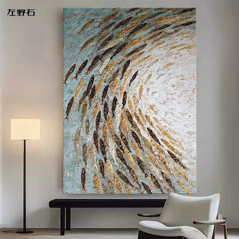 Modern Textured Pure Hand-Painted Oil Painting Abstract School of Fish Living Room Decorative Painting Entrance High-End Hanging Painting American-Style Mural