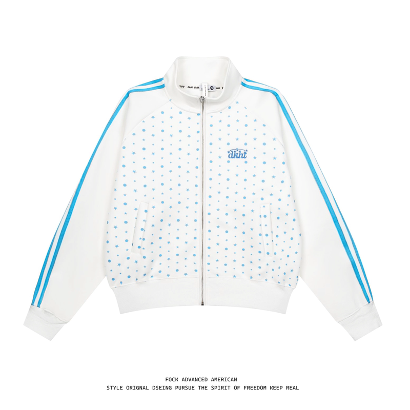 Fock American Retro Star Stand-Up Collar Zipper Jacket for Women and Men Loose Casual Sports Jacket White Short Jacket