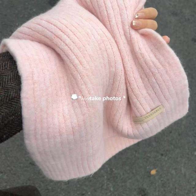 Pink Scarf for Women, Winter Korean Style, Warm Knitted Neck Warmer, Versatile and High-End Feel, 2025 New